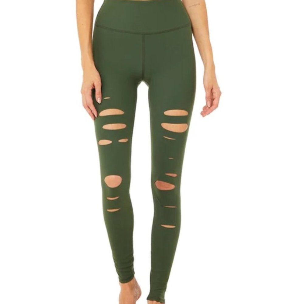 Alo Yoga High Waist Ripped Legging Hunter Green Size XXS